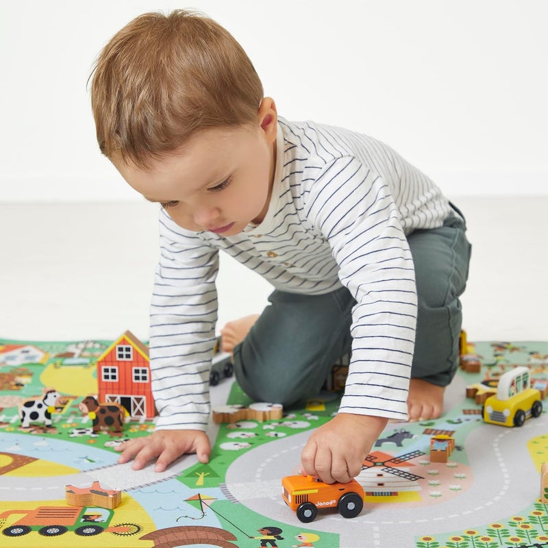 Janod - Children's Car Rug - Countryside Theme - Soft & Non-Slip - Farm & Forest Pattern - Play Rug for Girls & Boys' Bedrooms - 120 x 78cm - Hand Washable - from 2 Years Old - J05930 - Image 2